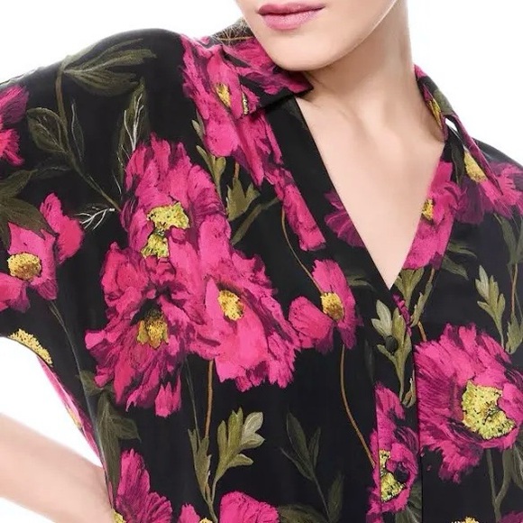 Alice + Olivia 100% Silk Lucette Floral Print Mini Shirt Dress Dropped Shoulder - Picture 2 of 11